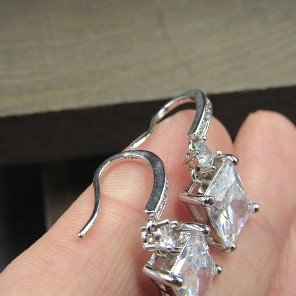 Sterling Silver Clear Cubic Zirconia Rectangle Gem Earrings Vintage - Picture 5 of 9